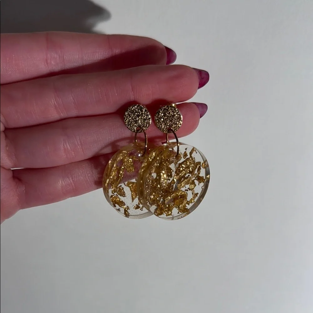 Elegant Gold Leaf Lucite Dangle Post Back Earrings